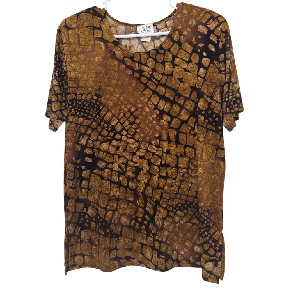 Jostar Womens Brown Gold Abstract Reptile Print Short Sleeve Top Size M USA Made